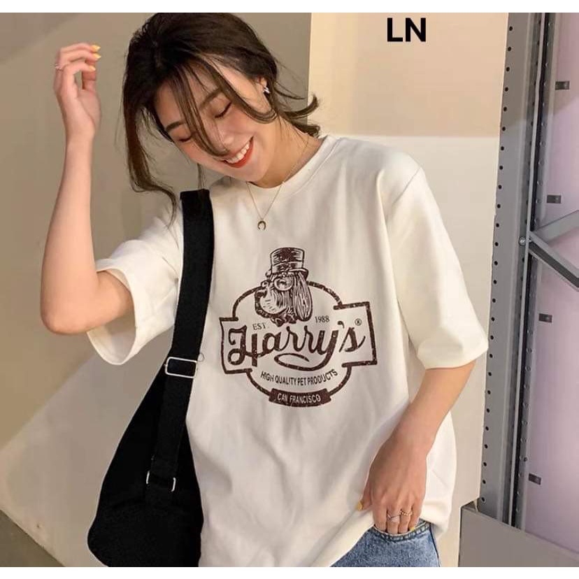 Áo phông cổ tròn tay lỡ unisex form thụng in chữ HARRYS nam nữ mặc đẹp (3LN-5K)