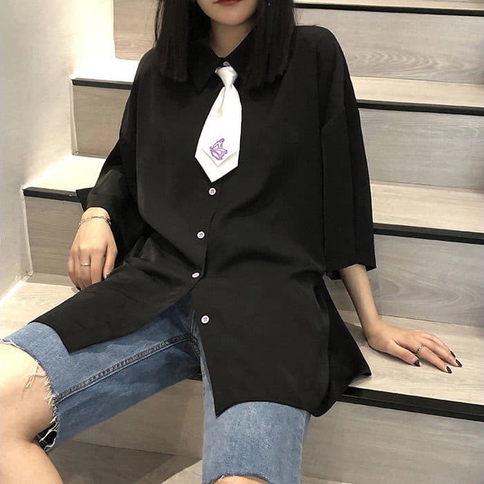 (ORDER) Set áo sơ mi dáng oversize unisex cá tính + kèm cà vạt thêu hình đẹp hàng đẹp có nhiều màu size