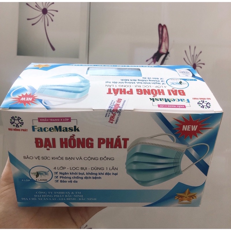 Khẩu trang y tế 4 lớp - khẩu trang Đại Hồng Phát (mua 3 hộp giảm 10%) hàng công ty, hộp 50 chiếc màu xanh, xám, trắng