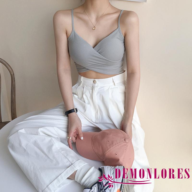 Áo hai dây cổ chữ V khoét sâu croptop bằng len tăm gân có đệm mút gợi cảm quyến rũ cho nữ