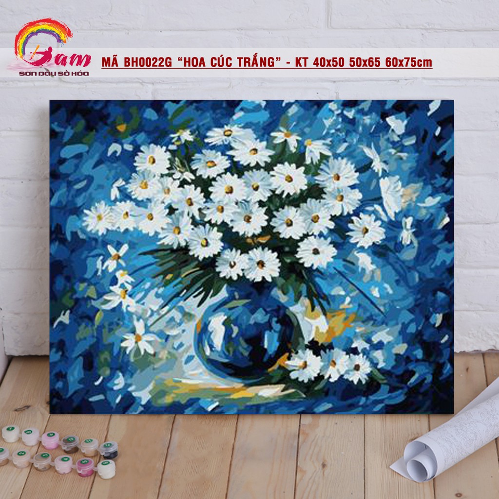 Tranh sơn dầu số hoá Tranhsohoavn tự vẽ - Mã BH0022G Hoa cúc trắng