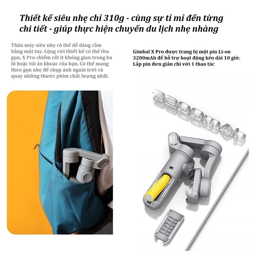 Gimbal Chống Rung Cho Điện Thoại - Gimbal SMART X PRO - Tích hợp sạc không dây - Pin 3200 mAh - Đèn Led Trợ Sáng