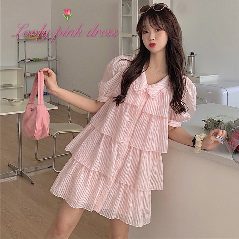 JANE SẴN Váy tầng sơ mi kẻ sọc Pinky xinh xắn J0057 | BigBuy360 - bigbuy360.vn