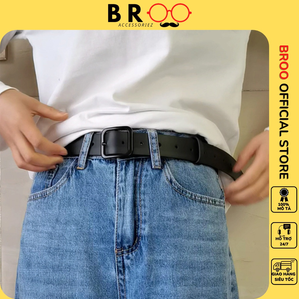 Thắt lưng BROO mặt vuông đen unisex phong cách basic, dây nịt lưng da pu bản 3cm cho nam nữ