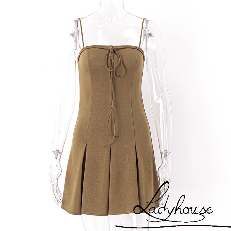Ld-đầm Hai Dây Spaghetti Màu Trơn Thu Hút Phía Trước Có Thắt Lưng Xếp Ly S/M/L Cho Nữ