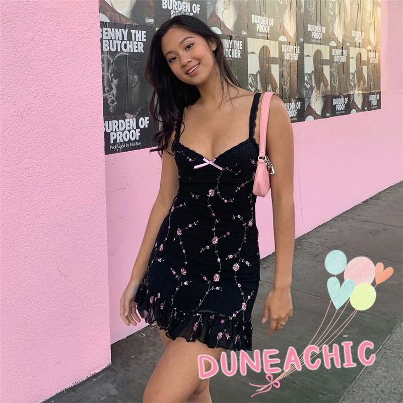 DUNEA Đầm hai dây họa tiết hoa phối lưới thời trang dành cho nữ