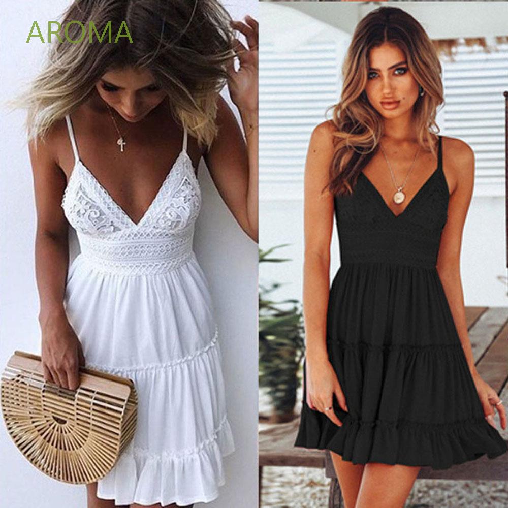 AROMA Sweet Sundress Solid Color Off Shoulder Mini Dress Easy Chic Backless Pattern Hollow out Stylish Ruffle Edge Suspender skirt/Multicolor