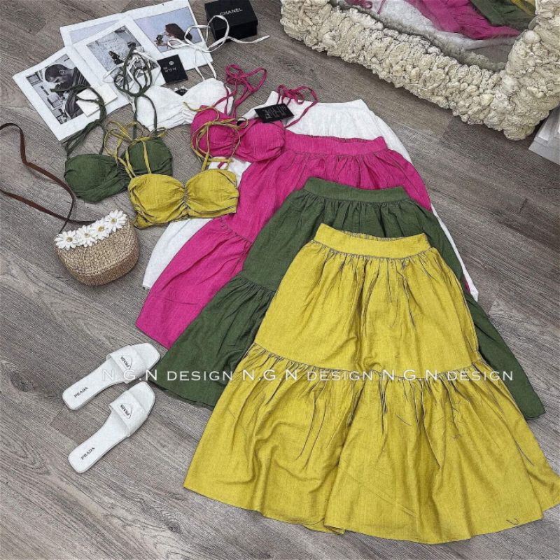 Sét áo 2 dây buộc+chân váy xòe