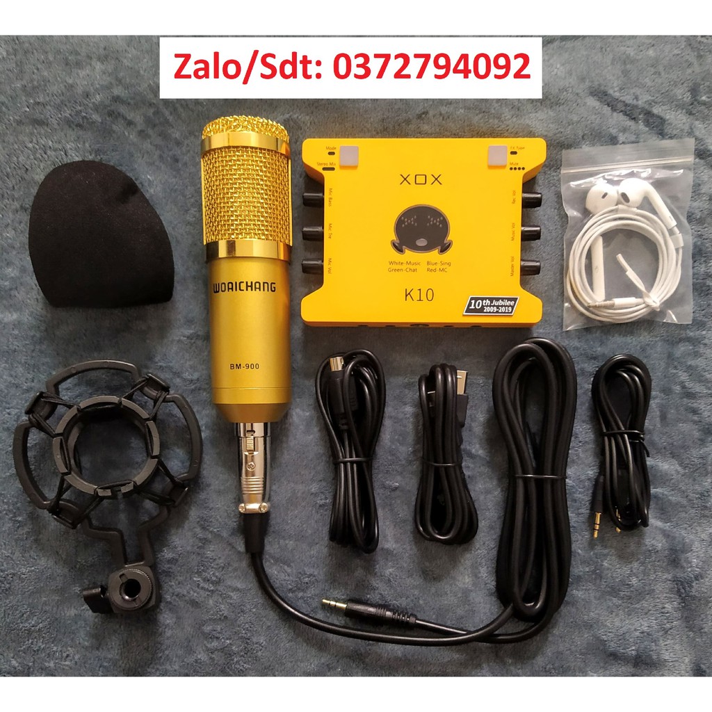 Micro BM900 Woaichang và Sound Card XOX K10 2020 đã có dây live và dây kết nối và tặng 1 tai nghe