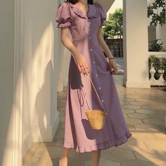 Váy kẻ caro tay bồng dáng dài (có ảnh thật)