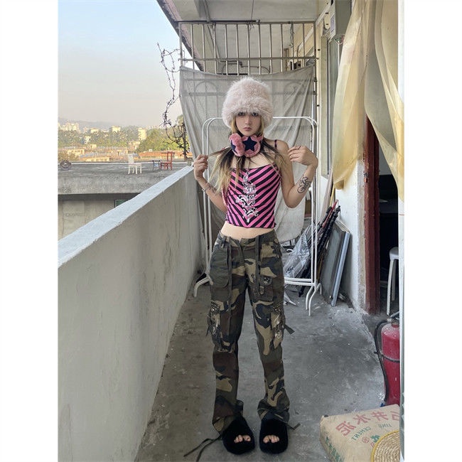 Áo Hai Dây Dáng Ngắn Họa Tiết Kẻ Sọc Màu Hồng y2k Thời Trang Mùa Hè Quyến Rũ Cho Nữ