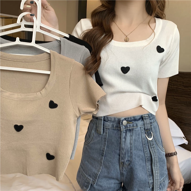 Áo Thun Dệt Kim Mỏng Tay Ngắn Dáng Ôm Thiết Kế Amoi Sense Niche Love Cho Nữ