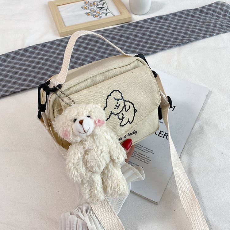 Túi đeo chéo vải canvas thêu hình chú cún dễ thương phong cách Nhật Bản
