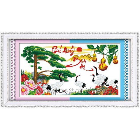 Tranh thêu chữ thập Phú quý bình an - hạc, tùng, hồ lô < 8126 >
