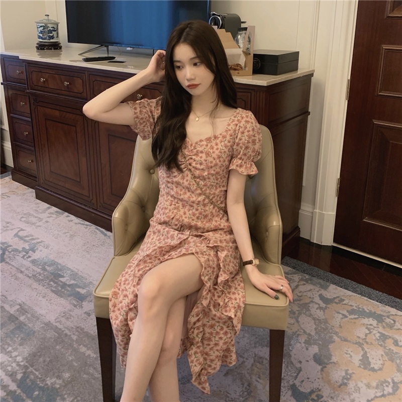 Đầm Voan Hoa Cổ Chữ V Tay Phồng Xẻ Tà Thời Trang Pháp Sang Trọng Cho Nữ 52883