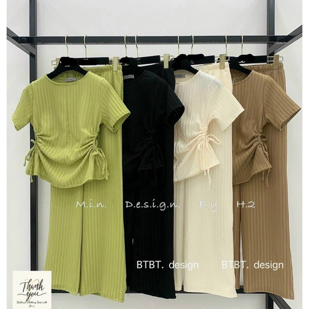 SÉT BỘ ÁO THUN GÂN PHỐI DÂY RÚT 2 BÊN + QUẦN DÀI ỐNG RỘNG CO GIÃN THOẢI MÁI DẠO PHỐ CỰC XINH FSDX10