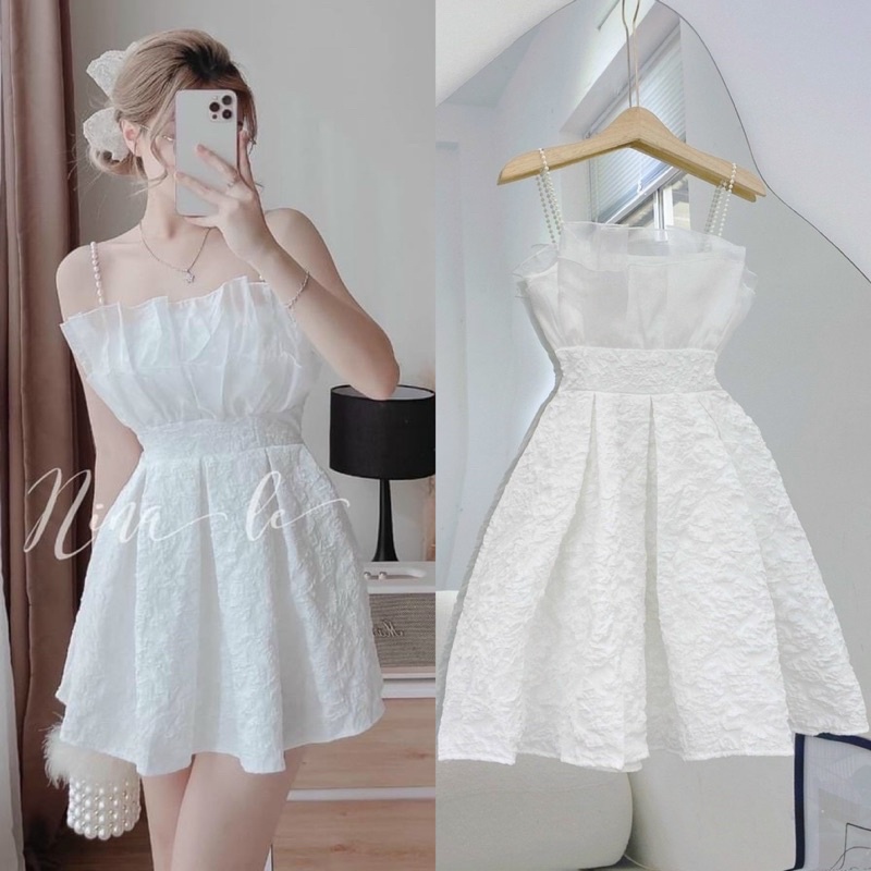 Đầm xốp gấm phối tơ trắng 2 dây ngọc có mút ngực, váy ngắn xoè nhẹ dễ thương, thời trang nữ tiểu thư đi chơi dự tiệc