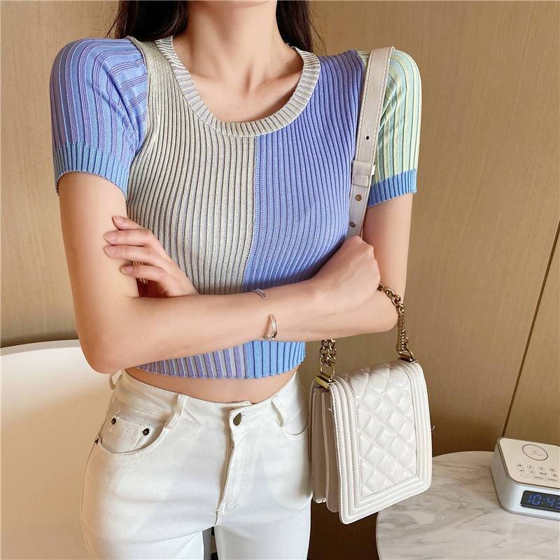 Áo Thun Ngắn Tay Cổ Vuông Họa Tiết Kẻ Sọc Màu Sắc Kẹo Ngọt Thời Trang Mùa Hè Dành Cho Nữ 2022