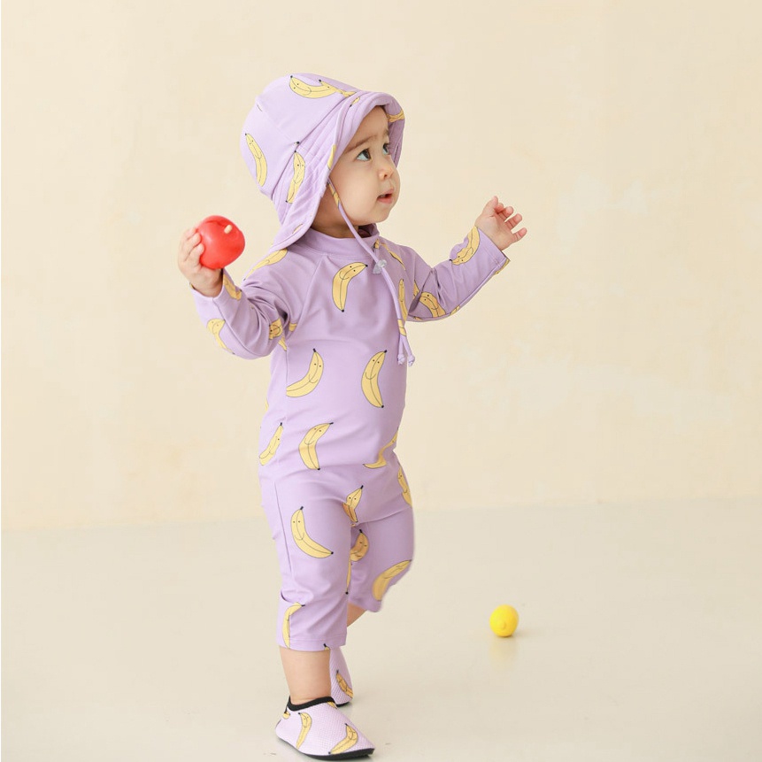 Baby Girls Swimwear Quick Dry Long Sleeve Rompers Swimming Suit with Hats 1-7 Years Kids Fruit One-pieces Swimming Cloth