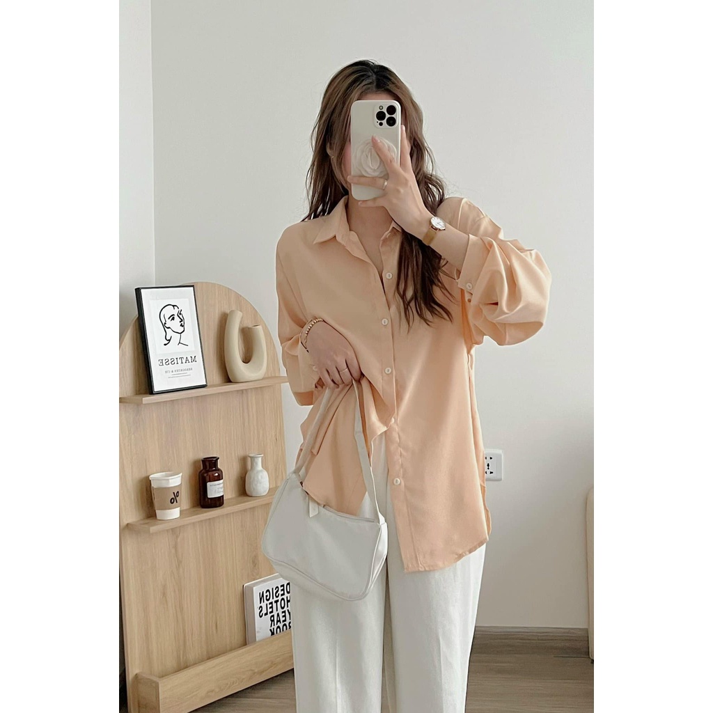 Áo sơ mi công sở nữ đẹp kiểu Hàn Quốc form rộng tay dài chất lụa