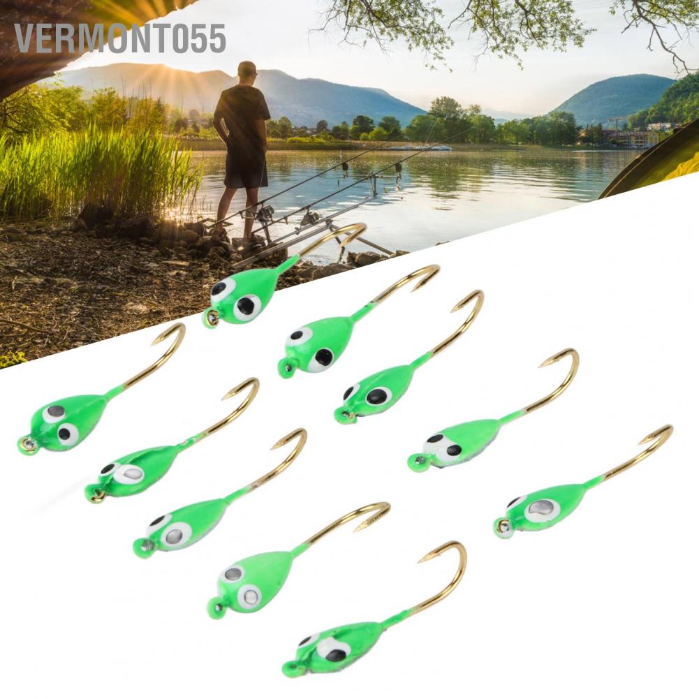 Vermont055 10Pcs Ice Fishing Jigs Barbed Winter Jigging Lures Mini Hook Accessories Green Tadpole Shape