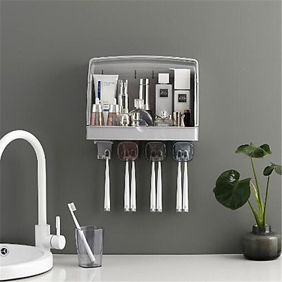 Kệ đựng dụng cụ nhà tắm,bàn chải đánh răng, mỹ phẩm đa năng có nắp chắn nước kèm ly gắn tường tiện dụng
