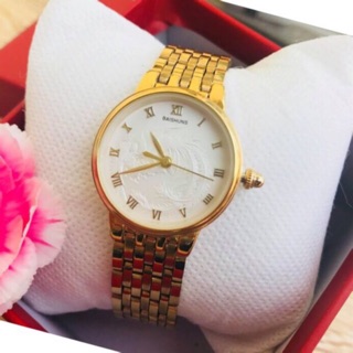 Đồng hồ nam nữ Baishuns mặt trắng họa tiết rồng phượng dây xích kim loại không gỉ