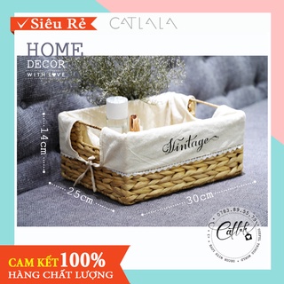 [HÀNG XUẤT LOẠI 1] Giỏ Lục Bình Hình Chữ Nhật Đựng Đồ Có Lót Viền Ren In Chữ Vintage-CATLALA GLB-VT-66-CD