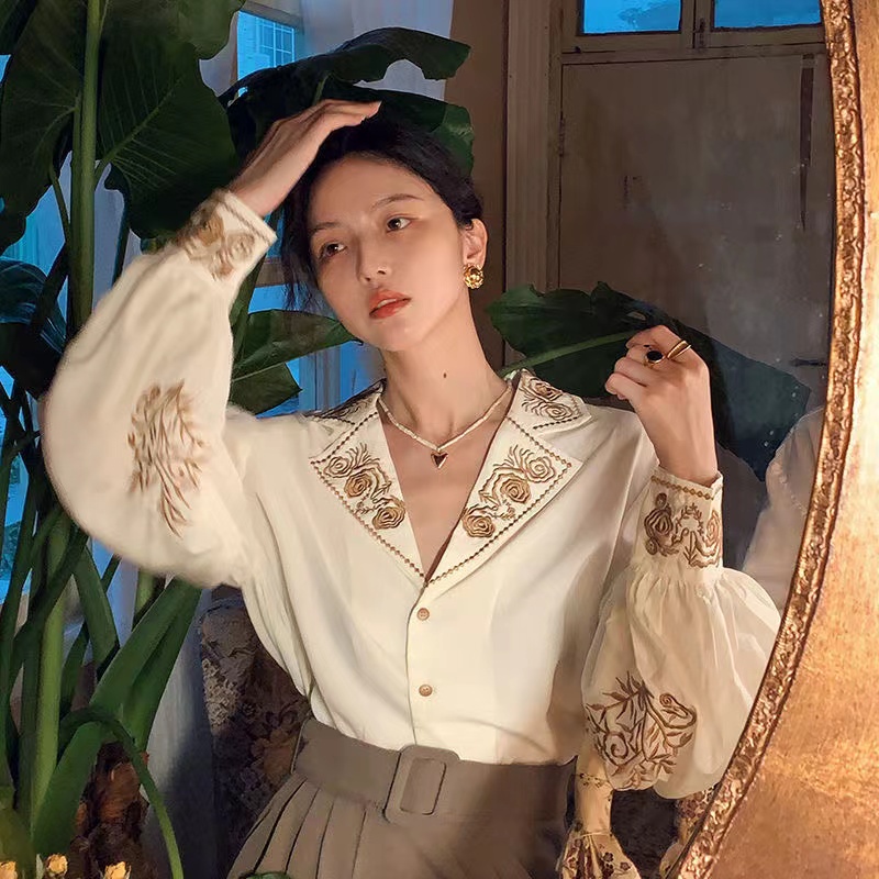 Hàng Mới Về Áo Sơ Mi Dài Tay Dáng Rộng Thêu Hình Baju Wanita Lengan Panjang Hàng Mới Dành Cho Bạn Nữ