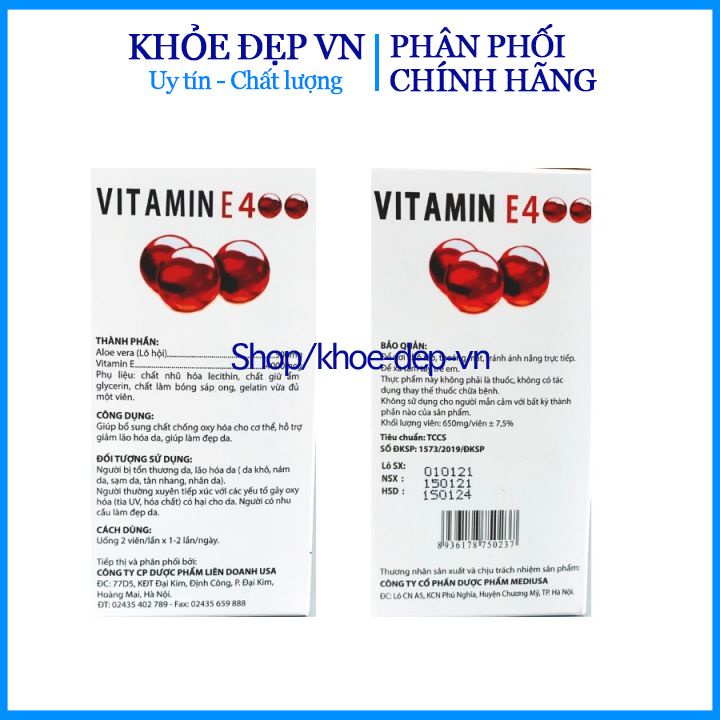 Viên uống đẹp da Vitamin E400 E Đỏ 4000mcg, Aloe vera 500mg - Hộp 100 viên | Thế Giới Skin Care