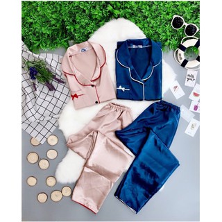 Đồ Bộ Pijama Lụa Trơn Nơ [Tay Ngắn Quần Dài]