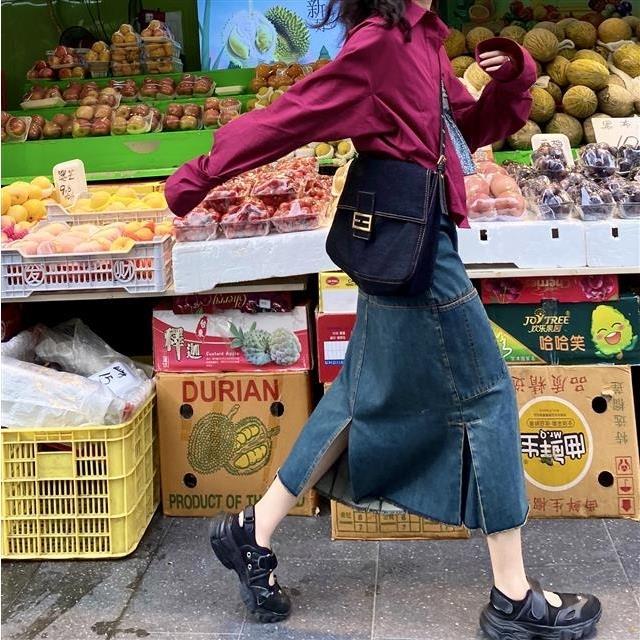 Chân Váy Jeans Lưng Cao Xẻ Tà Phong Cách Retro Cho Nữ | BigBuy360 - bigbuy360.vn