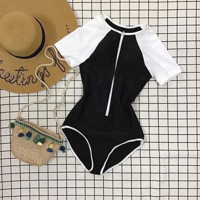 Bikini đồ bơi, đồ đi biển đen phối trắng ngắn tay MD01