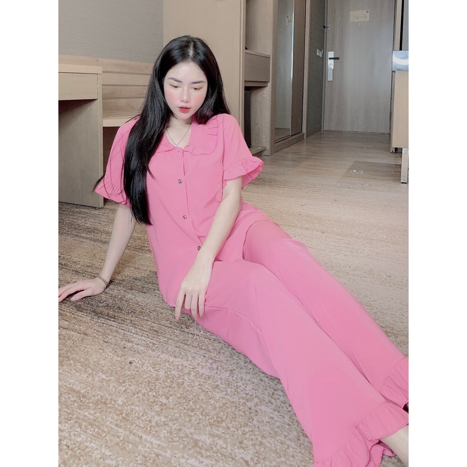Đồ ngủ mặc nhà bánh bèo siêu xinh fom  tay ngắn.cổ áo bánh bèo hình ảnh thật
