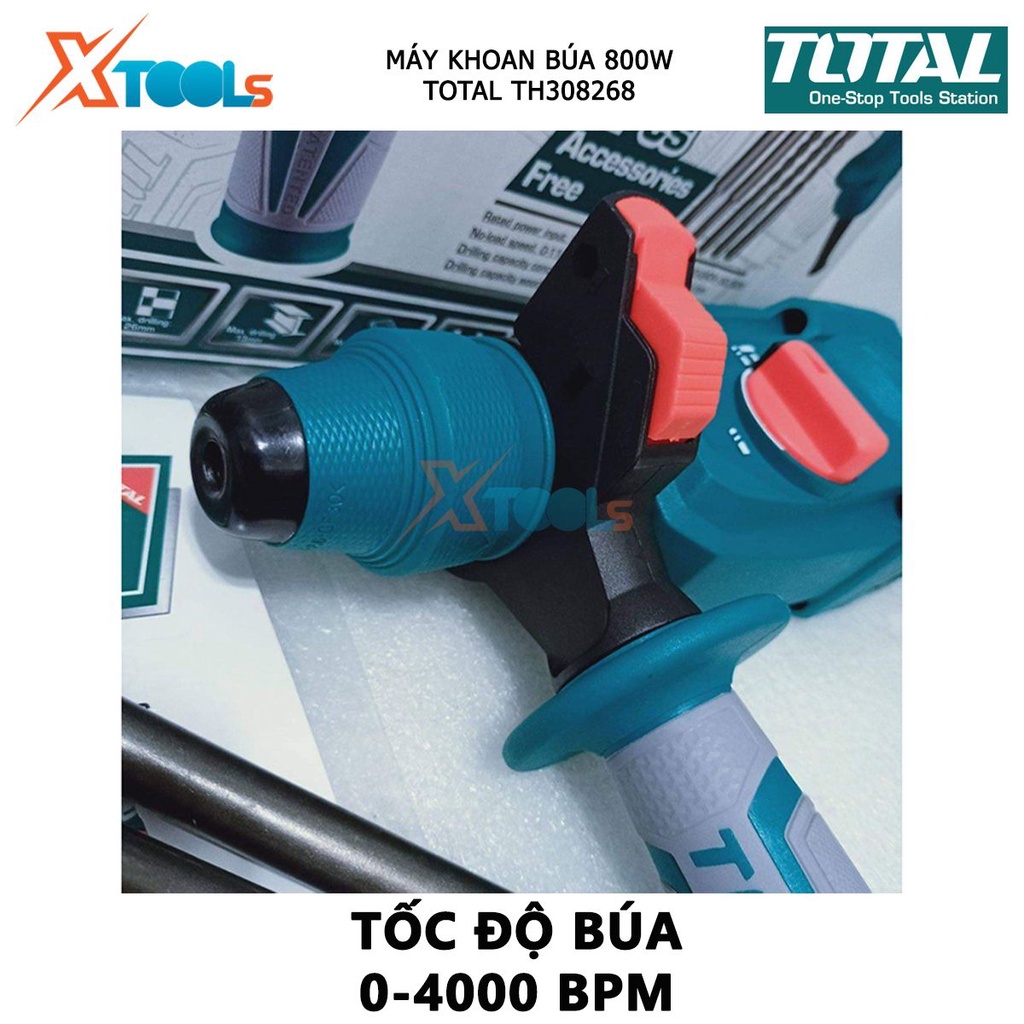 Máy khoan búa cầm tay 3 chức năng 800w TOTAL TH308268 tốc độ 1100 rpm, tốc độ búa 4000bpm, lực đập 2.5j, khả năng khoan