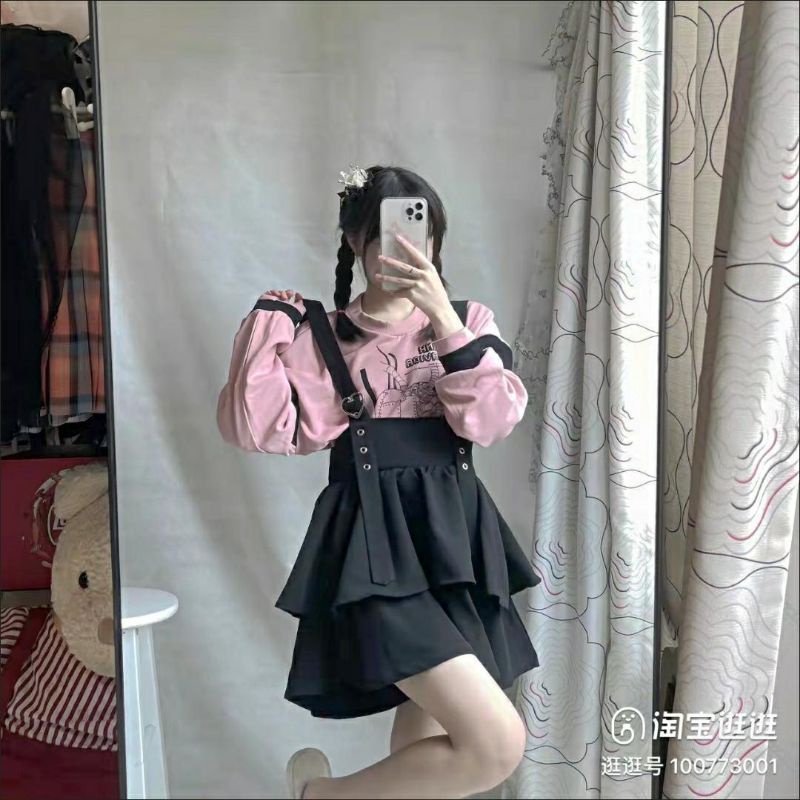 Váy yếm xếp tầng bèo nhún đen 2 dây khoá tim cute harajuku lolita ulzzang douyin