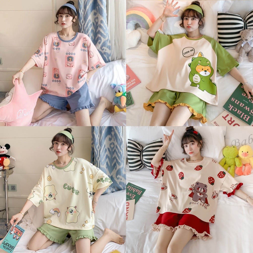 Đồ Bộ Nữ chất cotton với thiết kế họa tiết hoạt hình siêu kute mềm mát mùa hè BC09  (Bầu bí nhỏ bon chen)