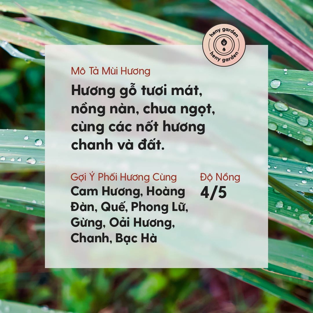 Tinh Dầu Sả Java Organic Nguyên Chất Đậm Đặc Xông Thơm Phòng, Làm Nến Thơm Thiên Nhiên, Giúp Dễ Ngủ Heny Garden 10mL