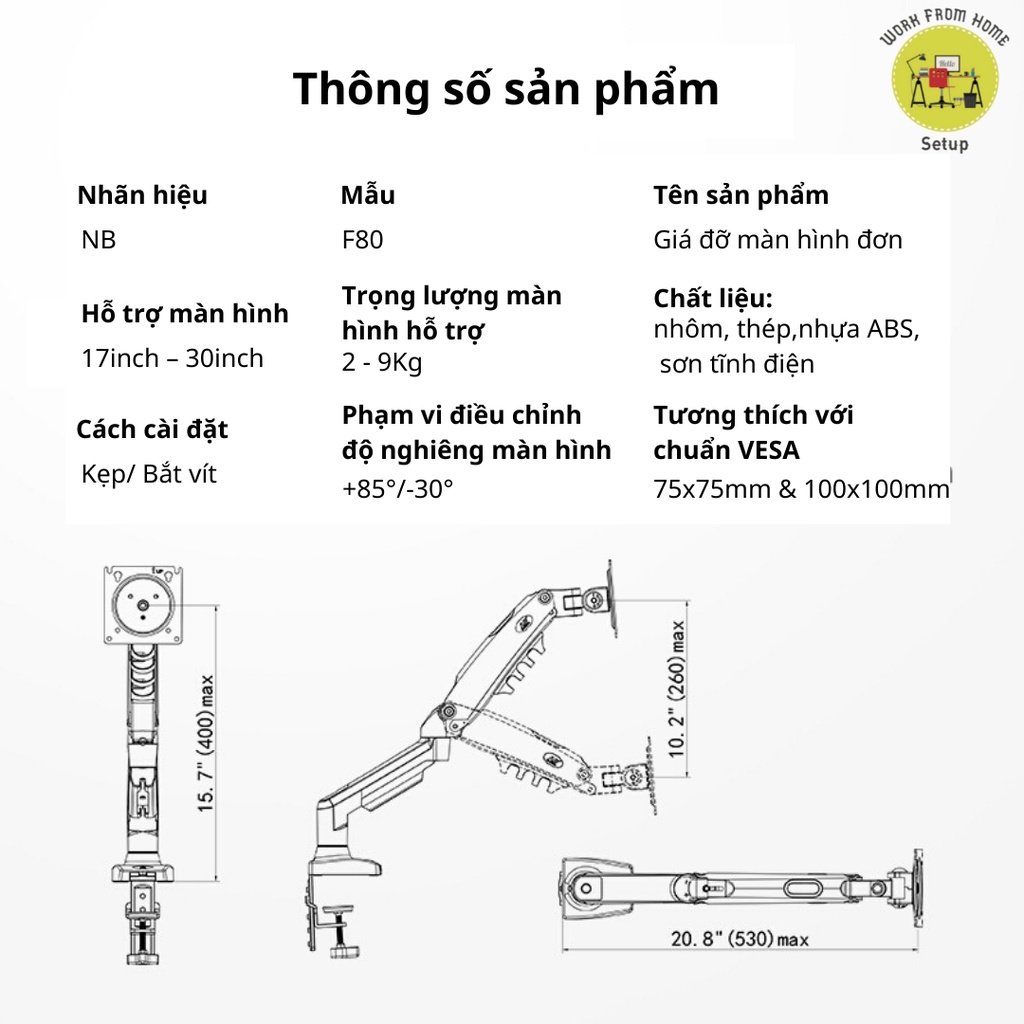 [Mã 254ELSALE giảm 7% đơn 300K] Giá Treo Màn Hình Máy Tính North Bayou NB-F80 Cho Màn Hình Từ 17-30inch - Xoay 360 Độ