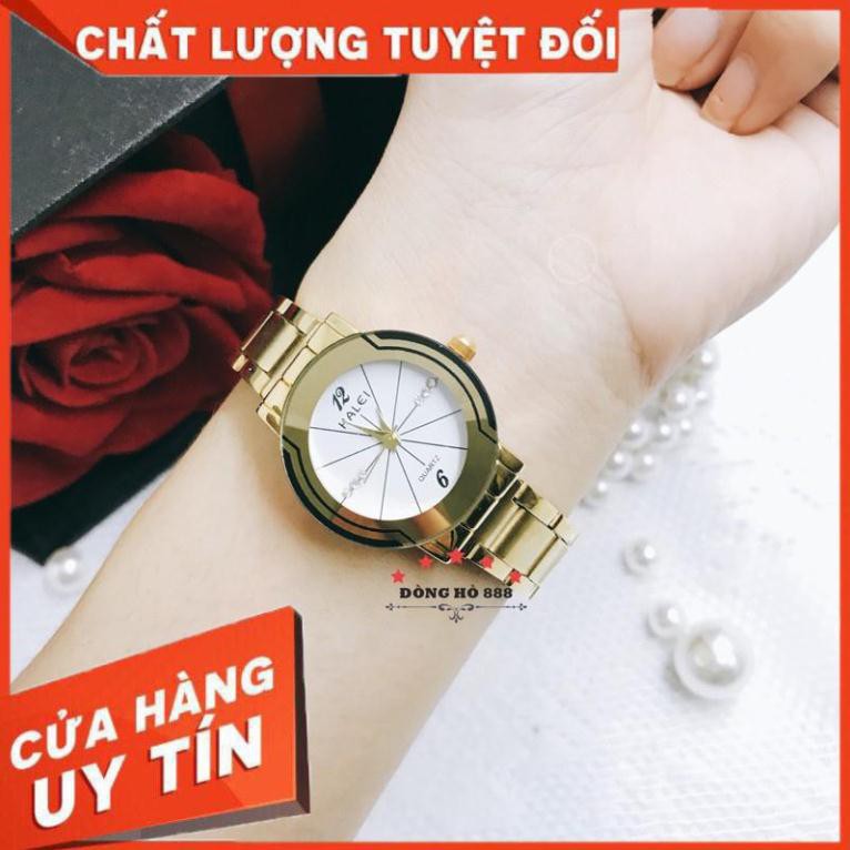 FREESHIP - Đồng hồ nữ Halei dây vàng mặt tròn sang chảnh, chống nước chống xước - HL457 | BigBuy360 - bigbuy360.vn