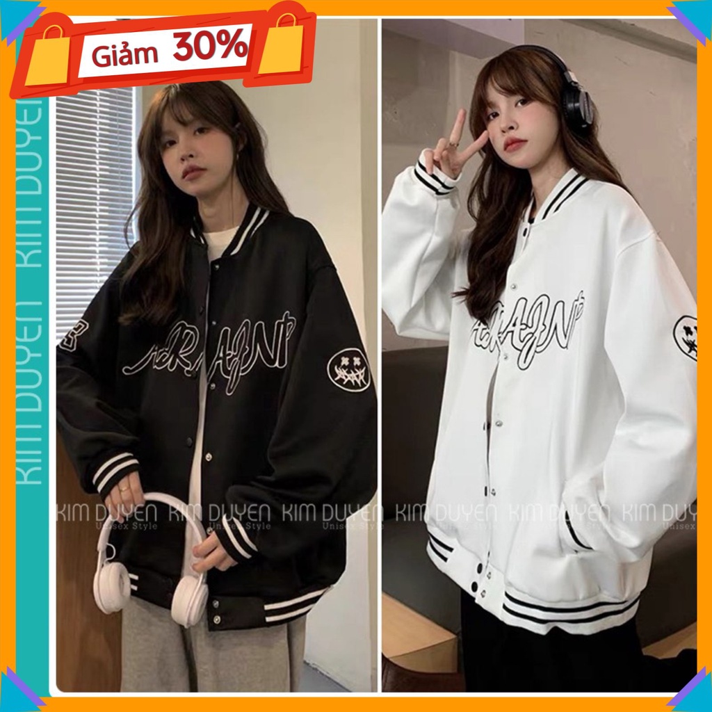 Áo khoác nỉ nam nữ Bomber unisex 2 màu Đen Trắng, vải dày from rộng kiểu dáng thể thao