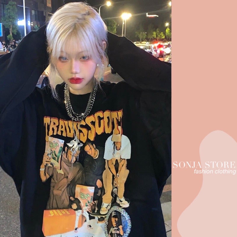 Áo sweater form rộng TRAVIS SCOTT Sonja Store - Áo nỉ tay dài dáng rộng cổ loang in chữ Travis scott