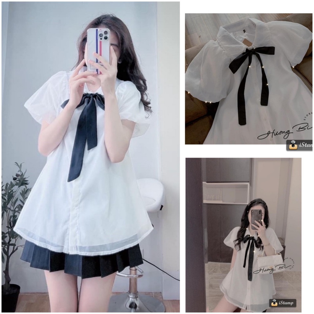 áo sơ mi nữ kiểu babydoll ren tơ phối nơ cổ form rộng dáng xòe phong cách hàn quốc | BigBuy360 - bigbuy360.vn