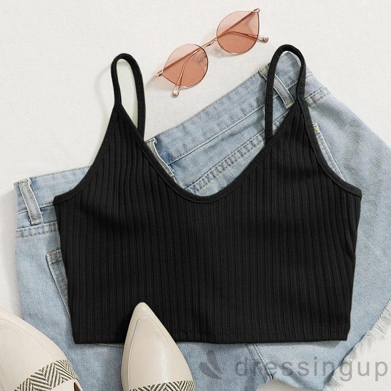 DRESSINGUP-Áo Dáng Ngắn Hai Dây Hở Lưng Cổ Chữ V Màu Trơn Cá Tính Độc Đáo Cho Nữ