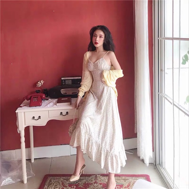 SET Đầm Vintage Hoa Nhí Đuôi Cá