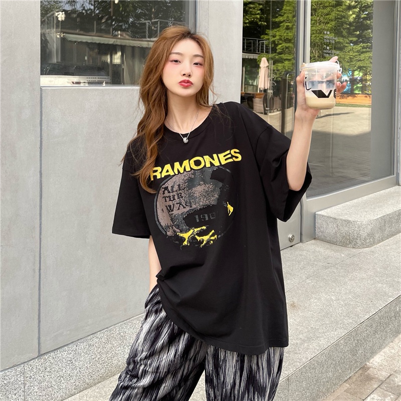 Áo Thun Tay Ngắn Cổ Tròn In Họa Tiết Phong Cách Retro Hàn Quốc