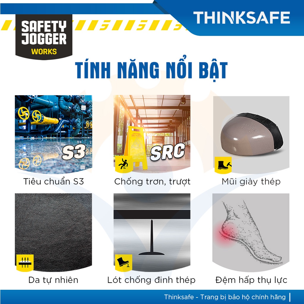Giày bảo hộ lao động nam Safety Jogger Rush S3 khóa kéo, da thật siêu bền, chống thấm, chống đinh, chống trượt