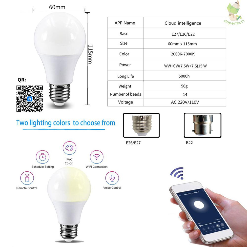 Cloud Intelligence WiFi Connection Light Bulbs APP Control Light Color Adjusting  Voice Control Intelligent Home Living RGB+CW+WW B22 Compatible with Alexa Google Home 220V