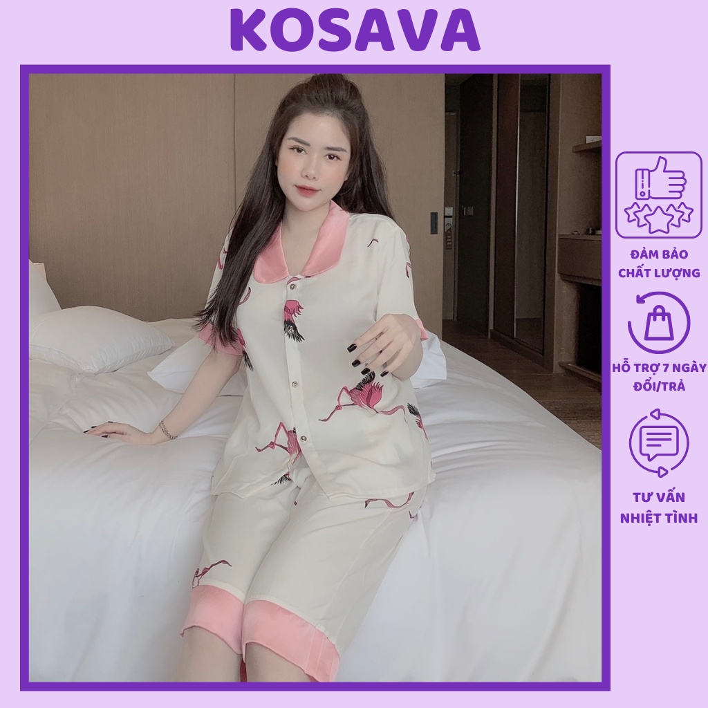 Bộ ngủ nữ pijama lụa lửng họa tiết tiểu thư dễ thương KOSAVA