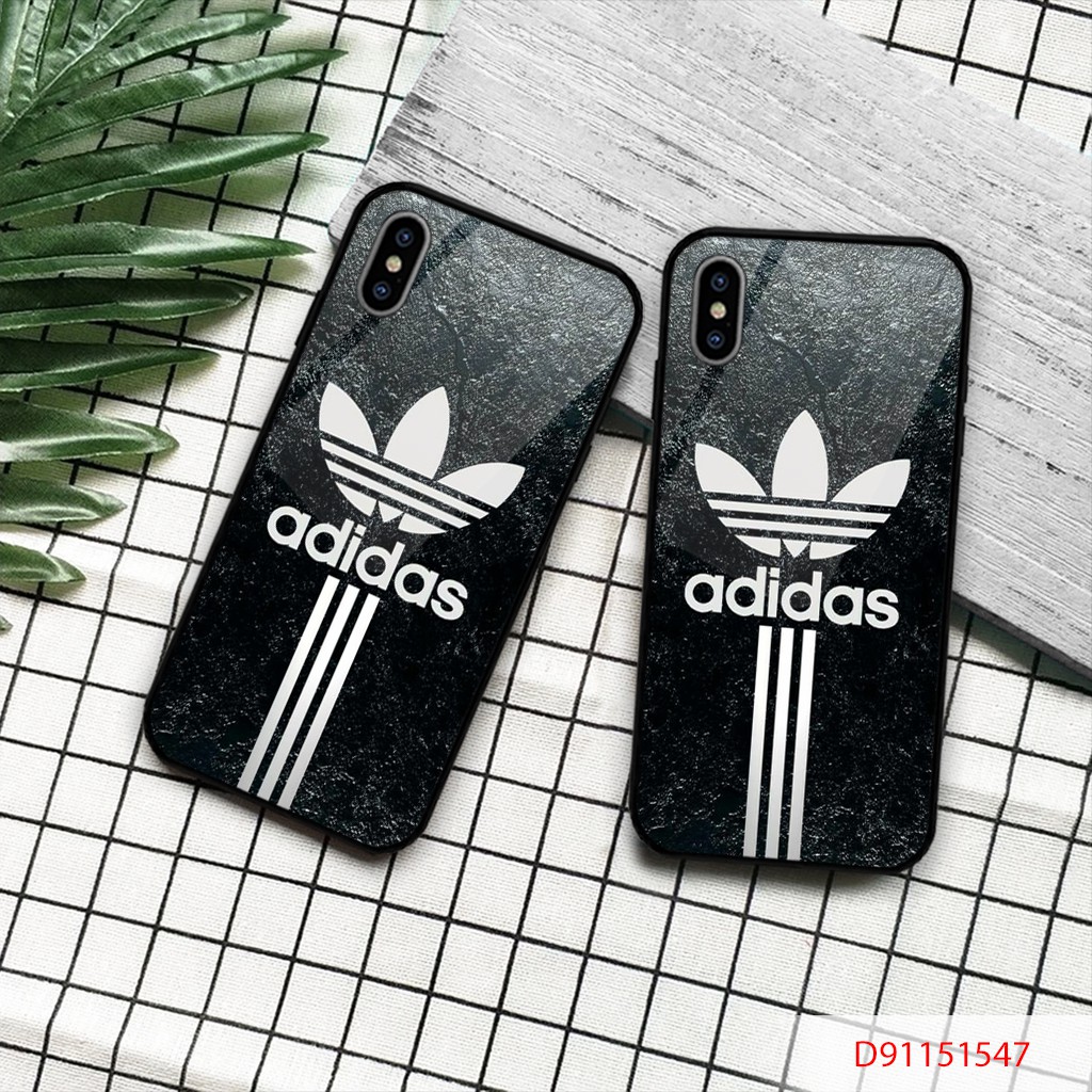 ỐP LƯNG TRÁNG GƯƠNG KÍNH CƯỜNG LỰC IPHONE, SAMSUNG ADIDAS NỀN ĐEN